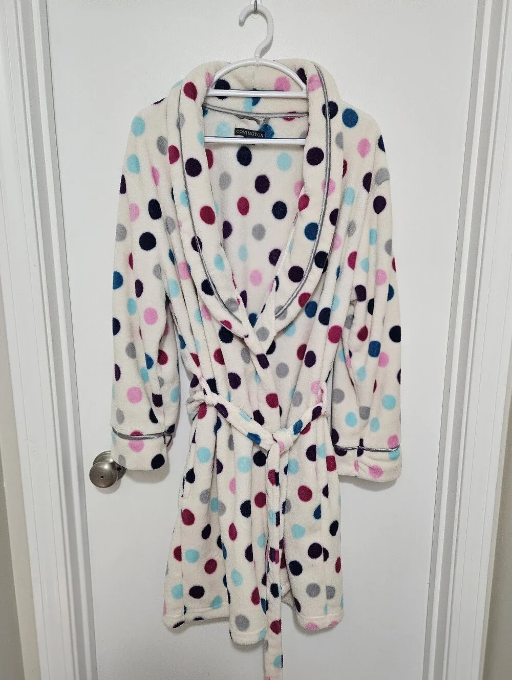 Covington White Fleece Robe with Polka Dots‎ Soft Plush Bathrobe Large Womens